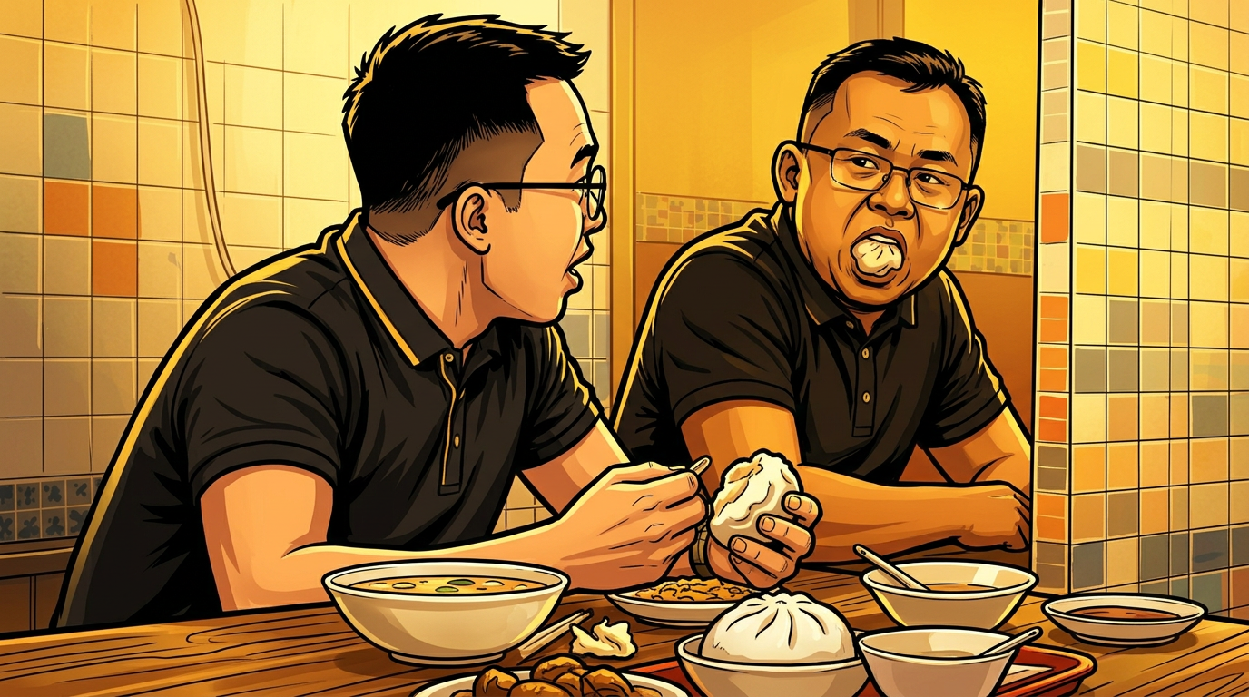 Cartoon friends sharing a bun at a noodle shop table